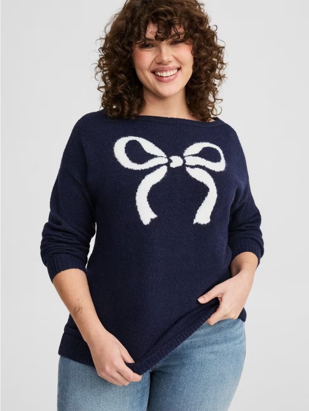 Torrid Navy Blue Bow Vegan Cashmere Boat Neck Long Sleeve Pullover Sweater SZ 1